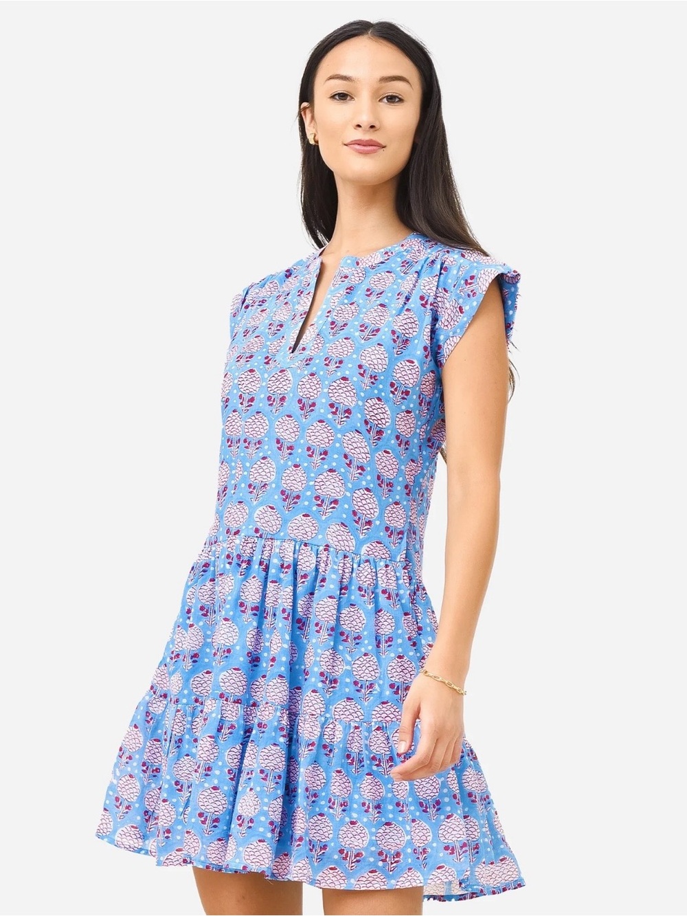 Oliphant Blue Block Print Floral Cotton Mini Dress Coastal Preppy Size Small